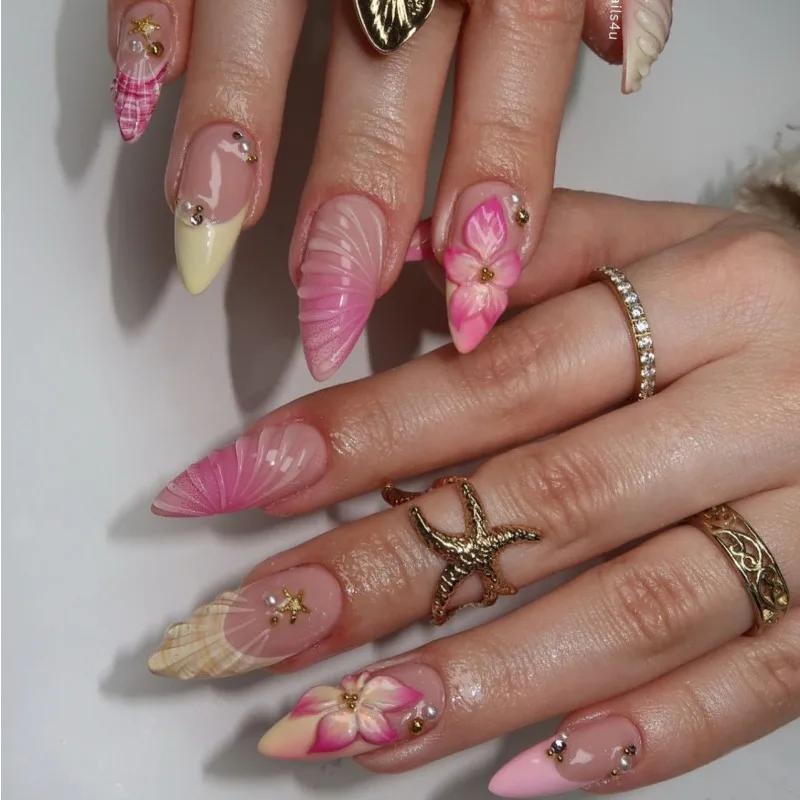 24PCS Summer Almond False Nail 3D Flower Shell Fresh Design Fake Nail Full Cover Acrylic Wearable French Nail Tips Art Beauty