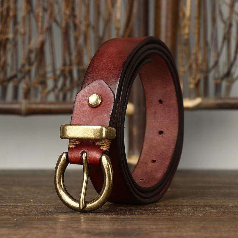 Women's Belt Vintage Crumpled Korean Style Fashion All-Matching Brass Buckle Genuine Leather Jeans Belt Women's