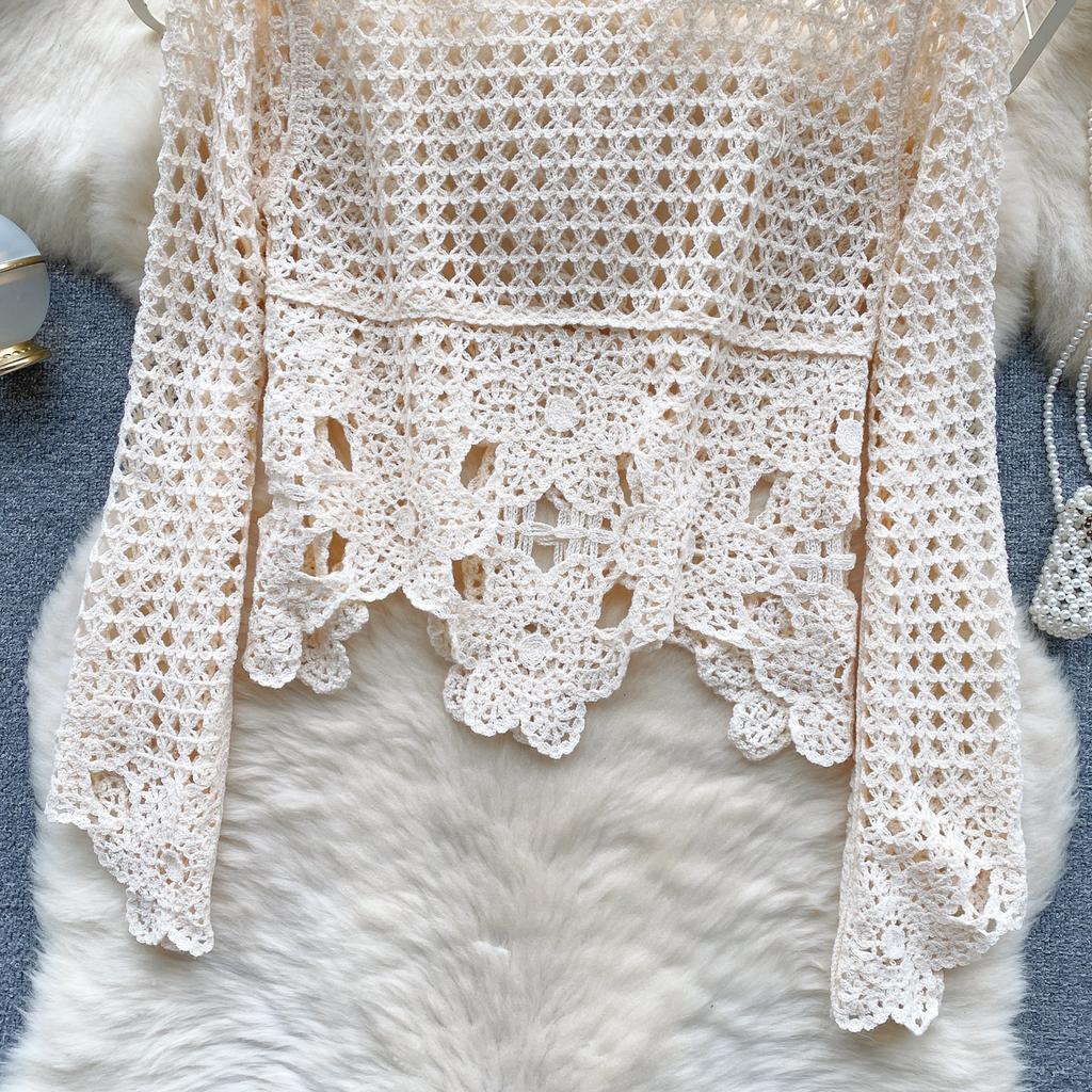 Summer Elegant Hollow Out Holiday Blouse Women O Neck Long SLeeves Embroidery Shirt Floral Solid Plaid Sheer Sexy Tops Beach Party