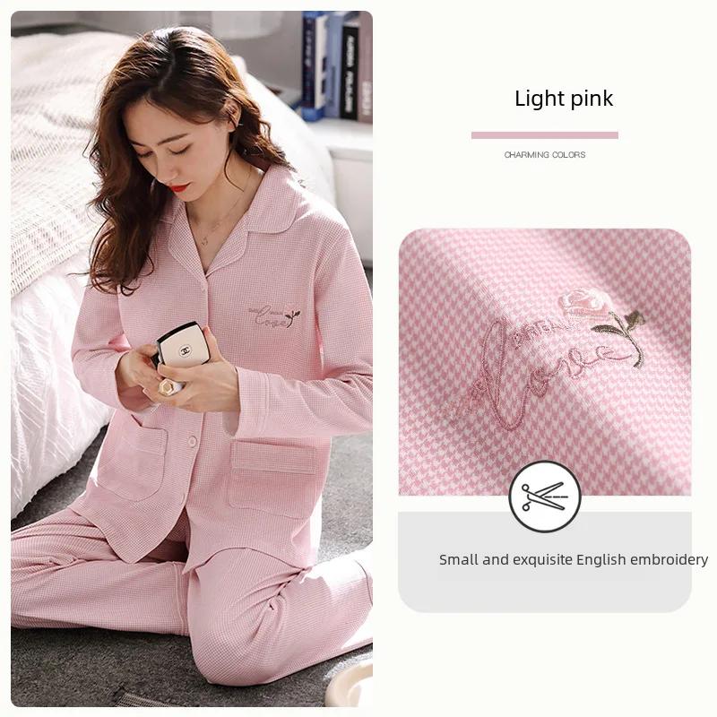 Ladies' 100% Cotton Long Sleeve Pajama Set Spring/autumn Thin Style Winter Warm Homewear Suit