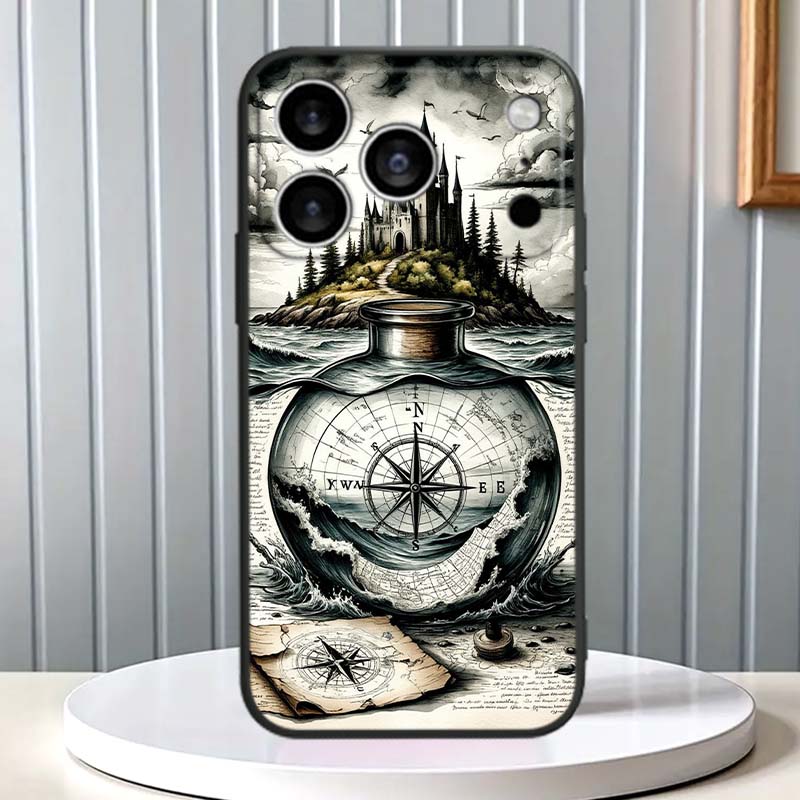 

Vintage compass illustration Phone Case For Apple iPhone 17 16 16E 15 14 13 12 11 Pro Max Plus Black Soft Silicone iPhone 12