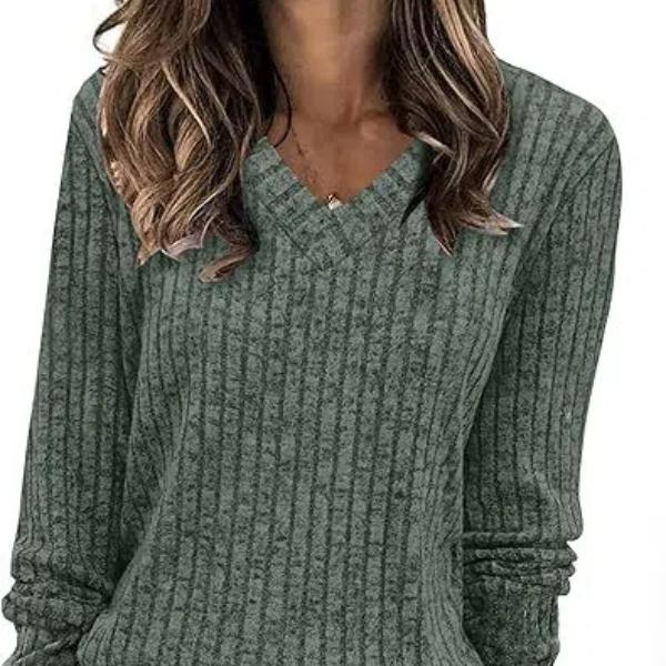 Women's V-Neck Long Sleeve Shirts, Casual Fall Tops Lightweight Tunic Sweaters, Ribbed Brushed Knit T-Shirt Top, Perfect for Everyday Wear or Layering