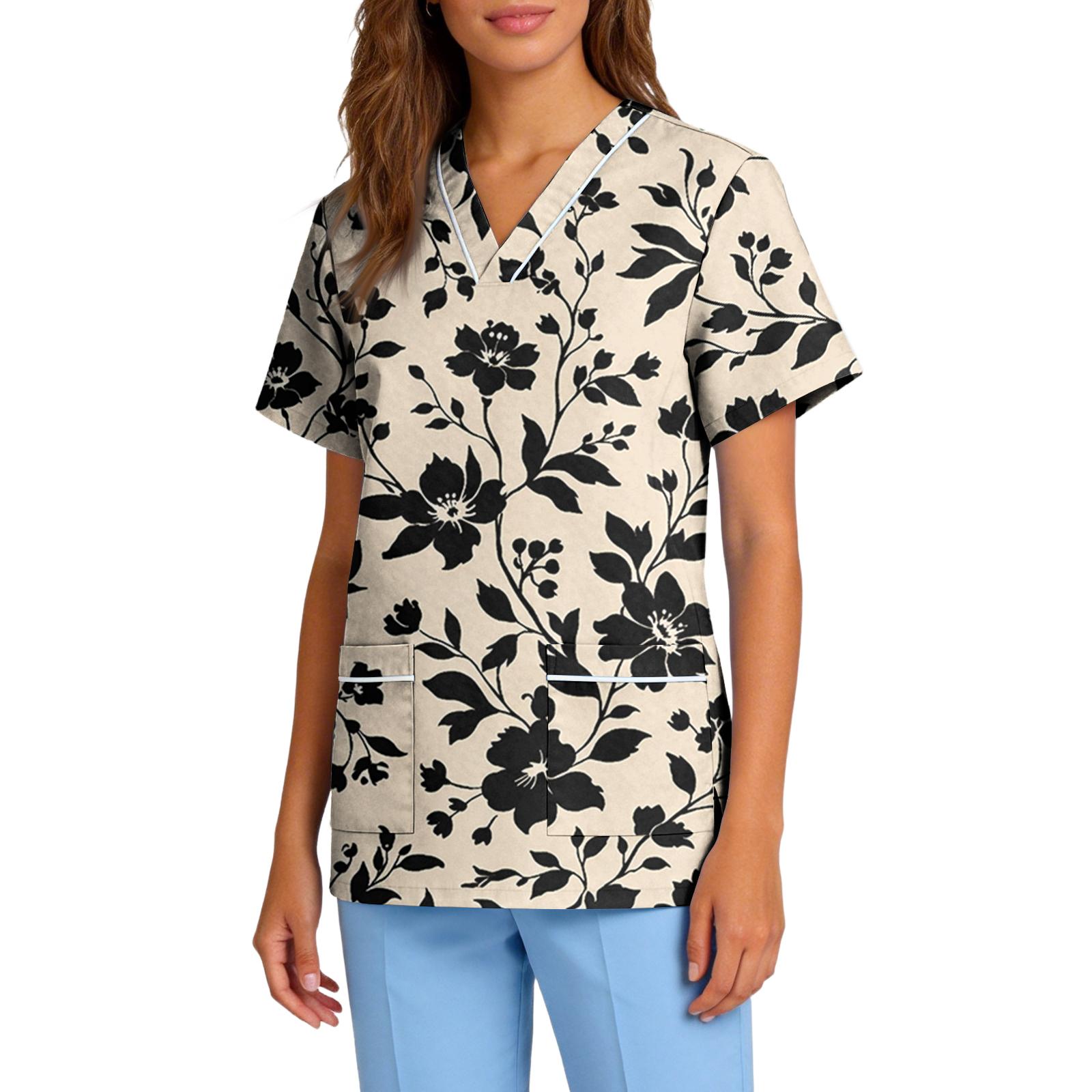 

Women s Stretch Quick-Dry V-Neck Short Sleeve Workwear Top with Floral Print & Pockets L бежевый