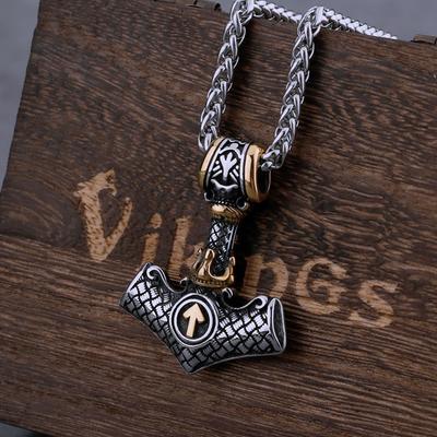 Collier Viking Marteau de Thor Rune d'Odin Homme Acier Inoxydable Hip Hop Biker Couleur Or Mixte Amulette Pendentif Bijou Cadeau