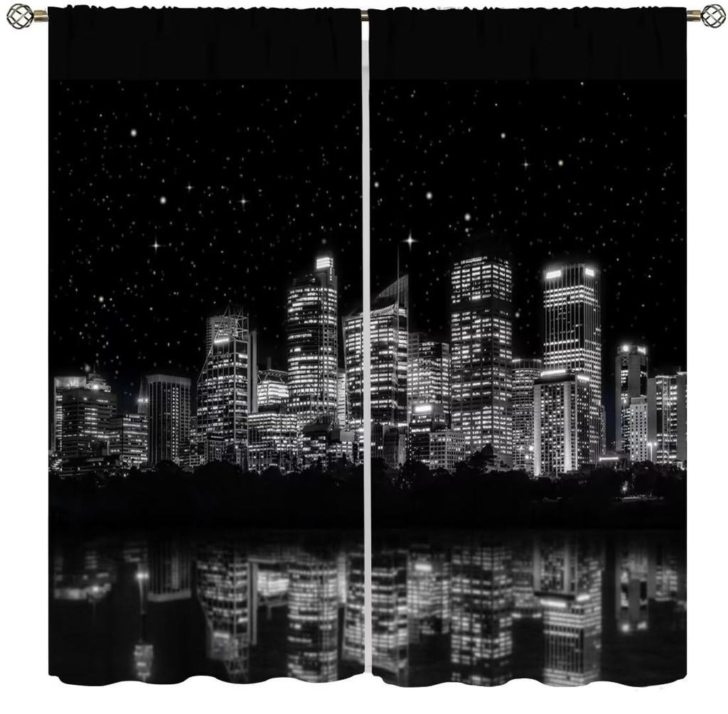Starry Urban Nightscape Blackout Curtain 2 Panels Water Reflection City Building Print Window Drape for Bedroom Gaming Studio