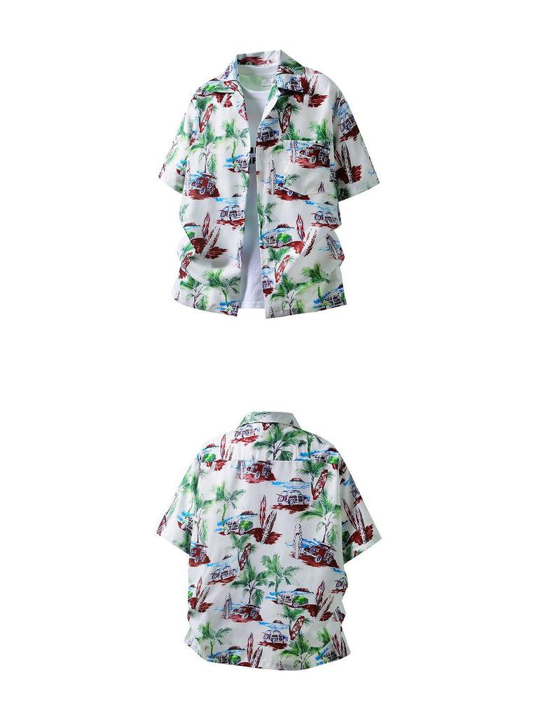 Vintage Kokospalmen-Surfbrett-Print Hemd mit kubanischem Kragen, kurzärmlig