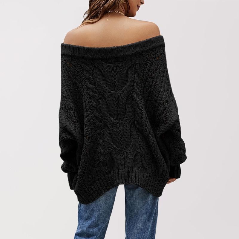 Autumn and Winter Off-the-shoulder Large-size Loose Knitted Sweater with One-word Collar Solid Color Pullover Sweater for Women