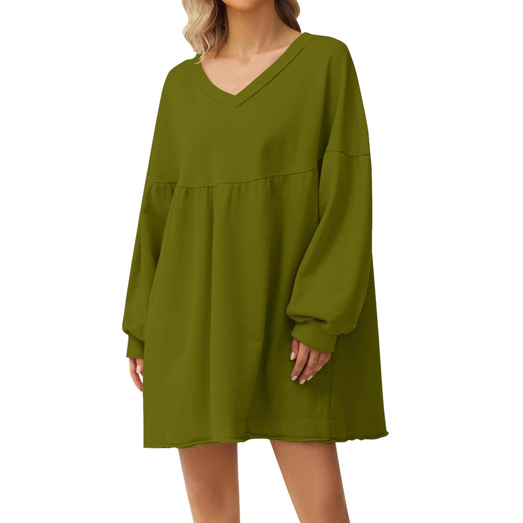 Women's Fashion Casual Large Solid Color Sweatshirt V-Neck Long Sleeve Loose Dress