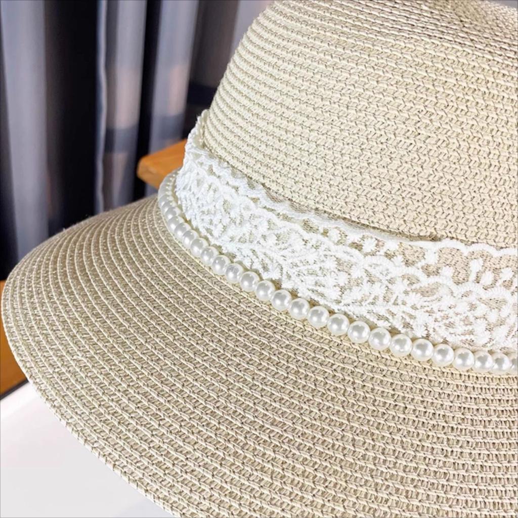 New Summer Ladies Elegant Straw Hat Travel Beach French Lace Pearl Sunshade Sun Hat Sun Hat