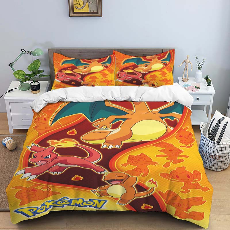 Cute Cartoon Charizard-Themed Bedding Set, featuring a soft duvet cover and pillowcases—perfect for teenagers, children, and mor