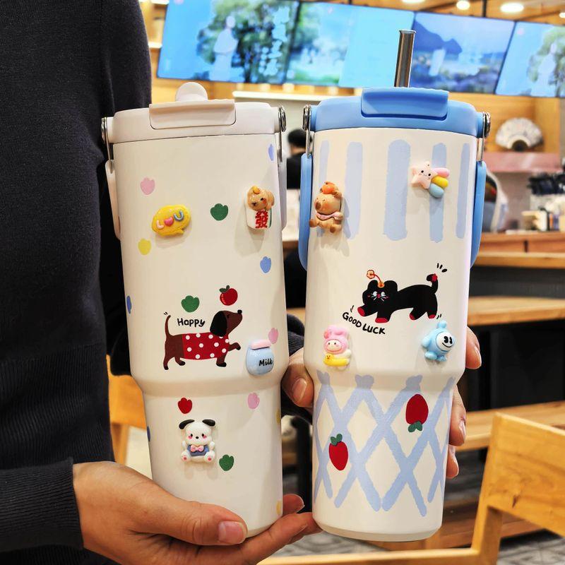 Large-Capacity Thermos Cup for Girls, Good-Looking Design with Handle, 2024 New Model, Straw Water Cup, Portable Dual-Drink Cup for Students