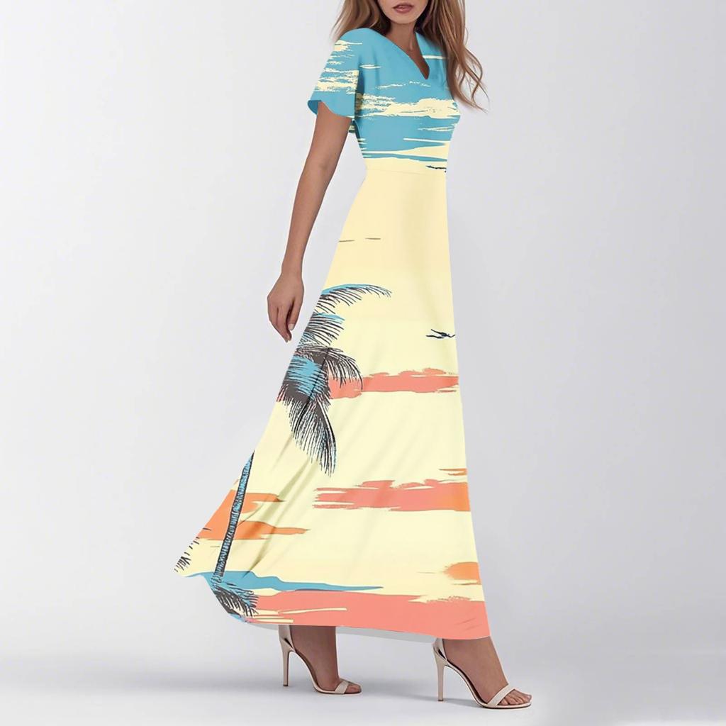 Dámské letní ležérní móda retro květinové šaty s výstřihem do V, krátkým rukávem