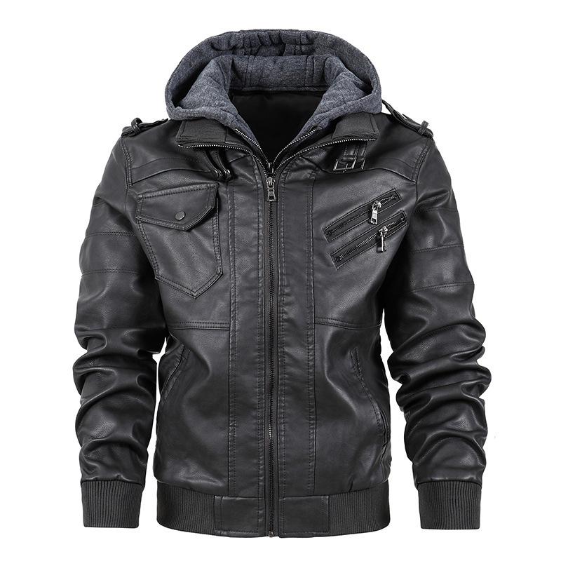 Men's leather jacket jacket thickened and velvet thermal pu leather jacket removable cap European and American