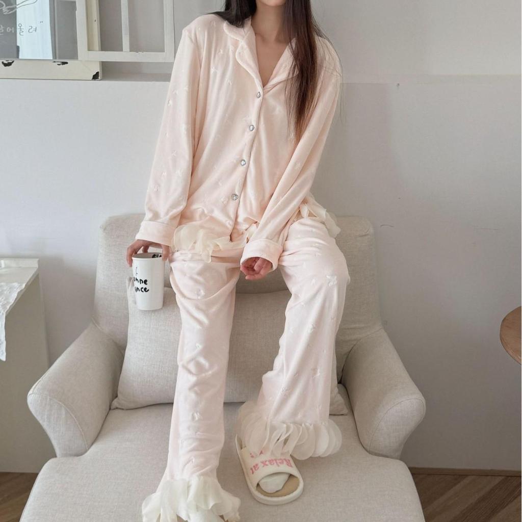 New Autumn Embossed Butterfly Pajama Set - Women's Double-Sided Fleece, Korean Style