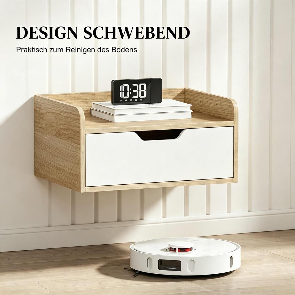 Set of 2 Wall-Mounted Bedside Tables with Drawer, Top with Raised Edges