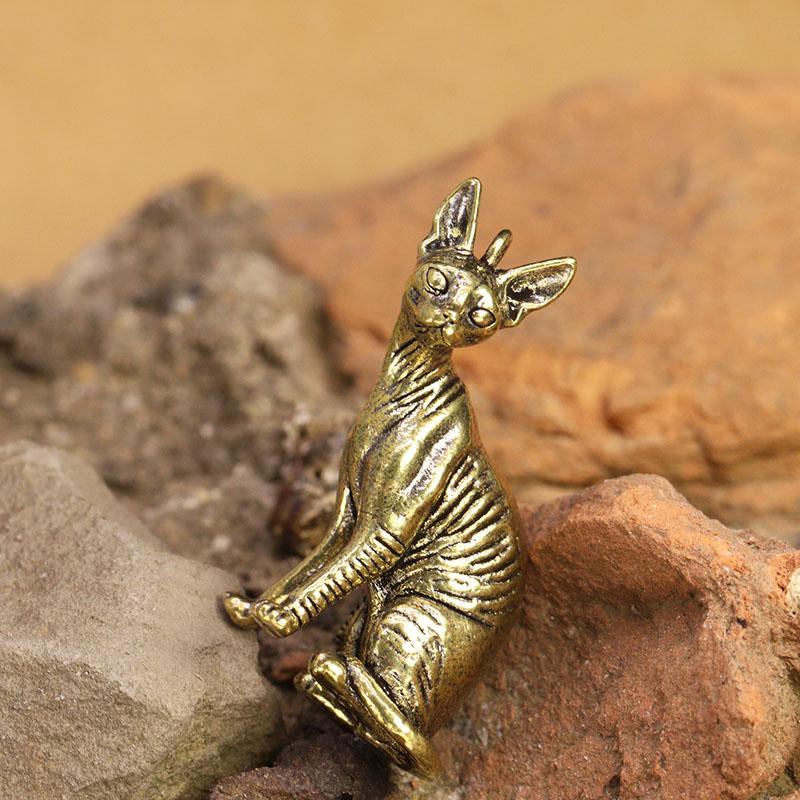 Solid Brass Hairless Cat Small Statue Desktop Ornaments Vintage Animal Figurines Model Lucky Home Decorations Crafts Accessories