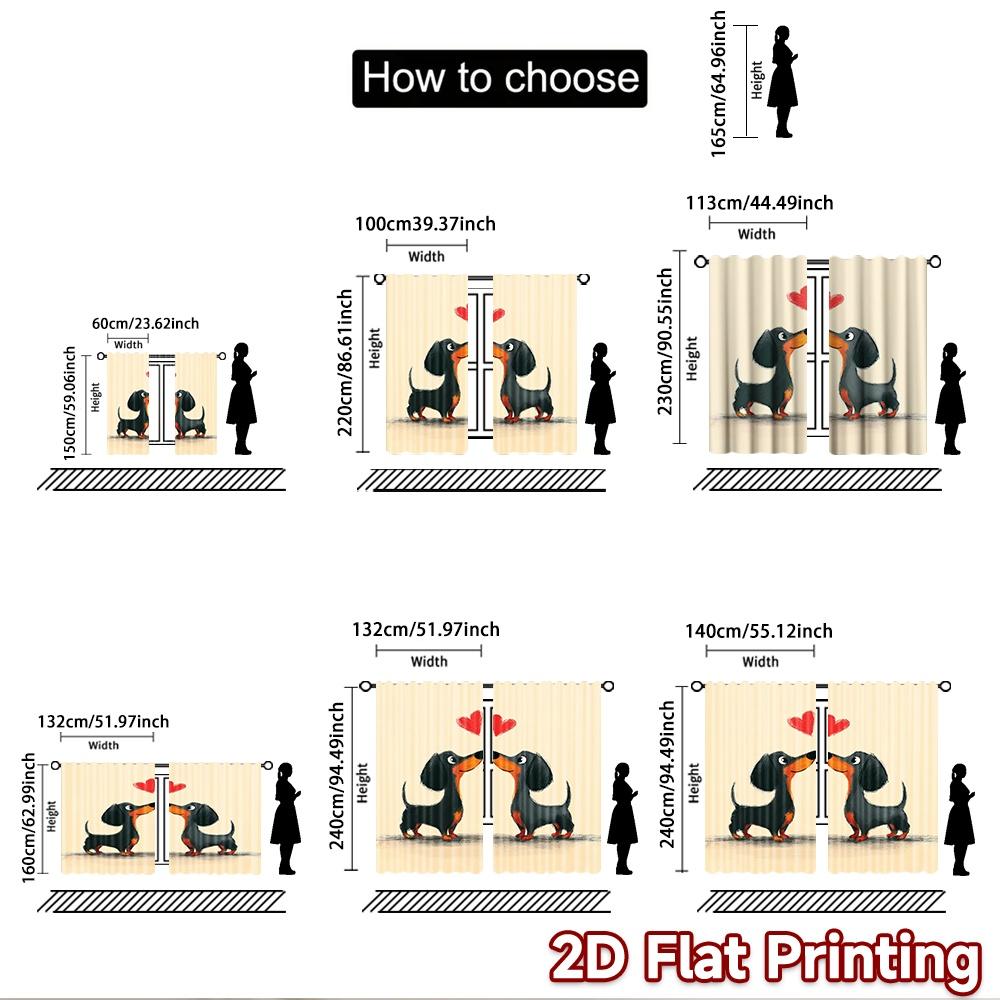 2D flat printing 2pcs Party Curtains Cute Dachshund Couple Hearts Digital Printed Polyester Drapes Festive Curtains for Festive