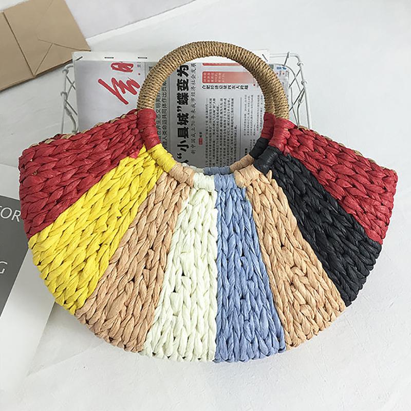 Summer Weaving Women Bags Beach Seaside Multicolor Straw Handbag Lady Travel Handwoven Totes Wrist Handbags KTY