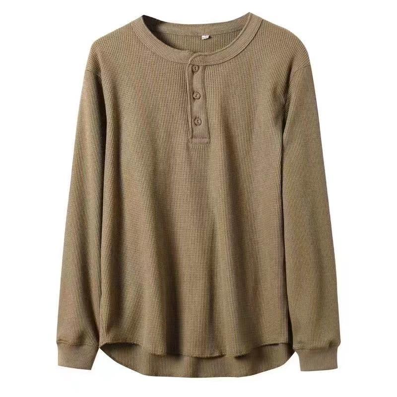 Men Women Long Sleeve Pullover T Shirt Waffle Knit Henley Neck