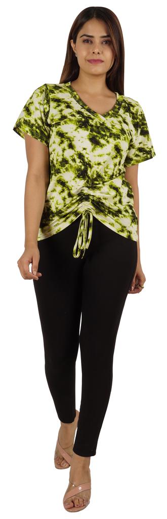 Moomaya Tie Dye Short Sleeve Ruching Tops For Women V-Neck Casual Jersey Tee