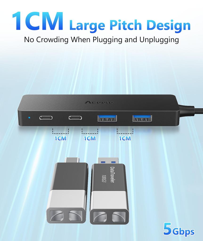 Aceele USB Hub with USB A 2 and 2 with Power Direct LED 5Gbps Data Compact and Compatible with Mac and Work from Home 5-Port 3.0, USB-A USB-C Ports,