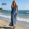 Everyday Wear Dress Women's Sleeveless Hoodies Maxi Dress, Button Up Side Slit Tank Beach Women with Pockets, Zip V Neck Hooded Summer Lightweight