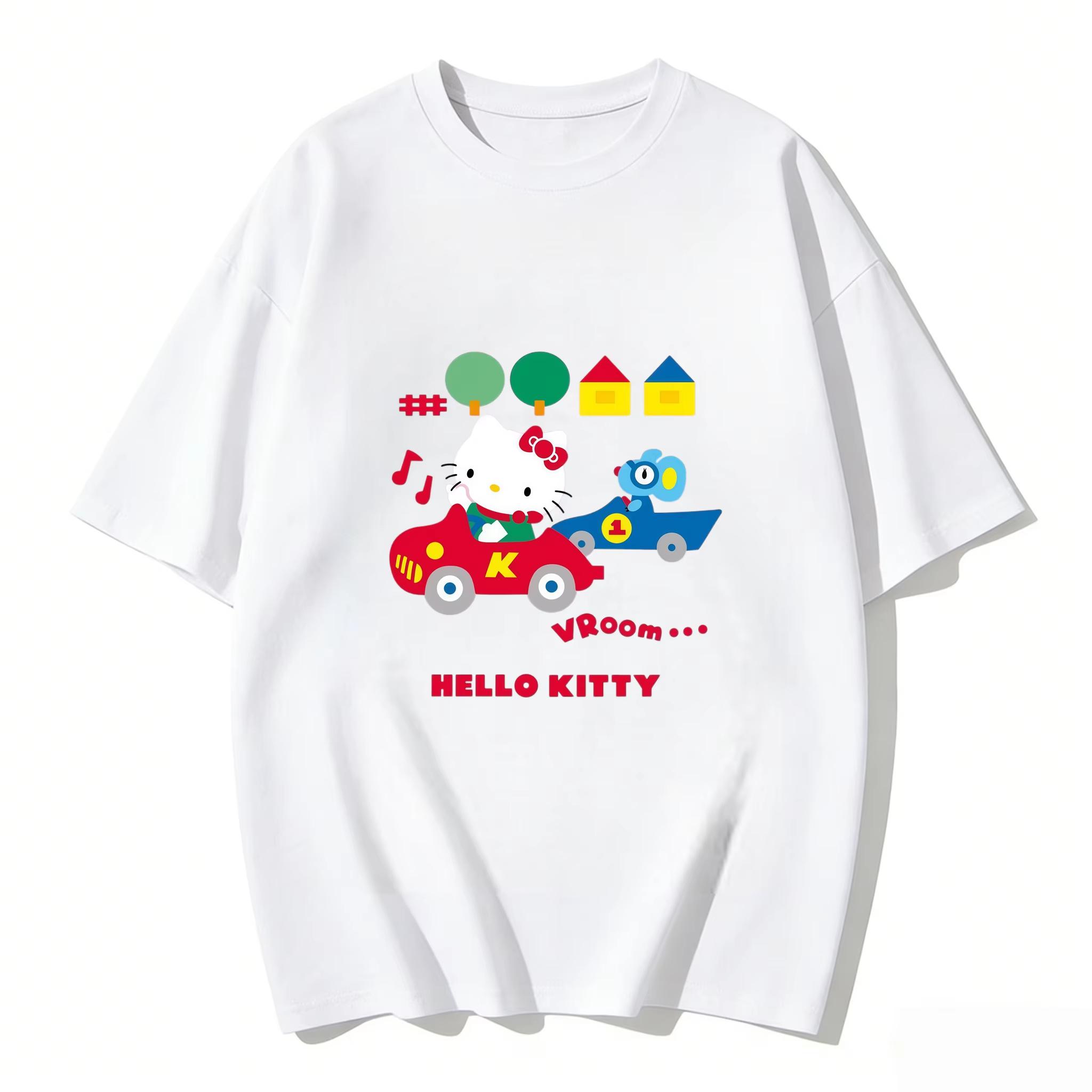 

2026 Summer Hello Kitty Cartoon Printed Short Sleeve Pure Womens Comfortable summer loosefitting Womens clothing S