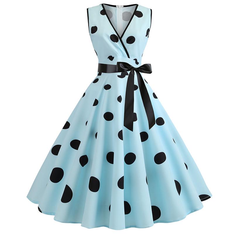 Retro Hepburn Style Color Block Waist-Cinched Dress with Belt S небесно-голубой