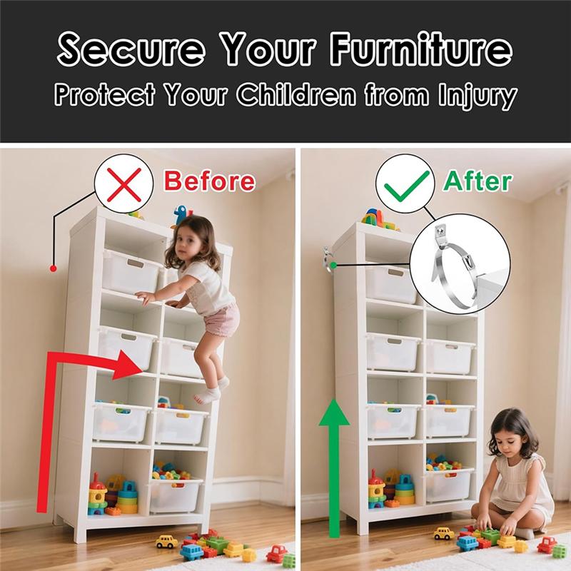 AT19-Earthquake Straps For Bookshelf Cabinet 10Pcs Metal Furniture Wall Anchors Anti Tip For Baby-Proofing Anchors