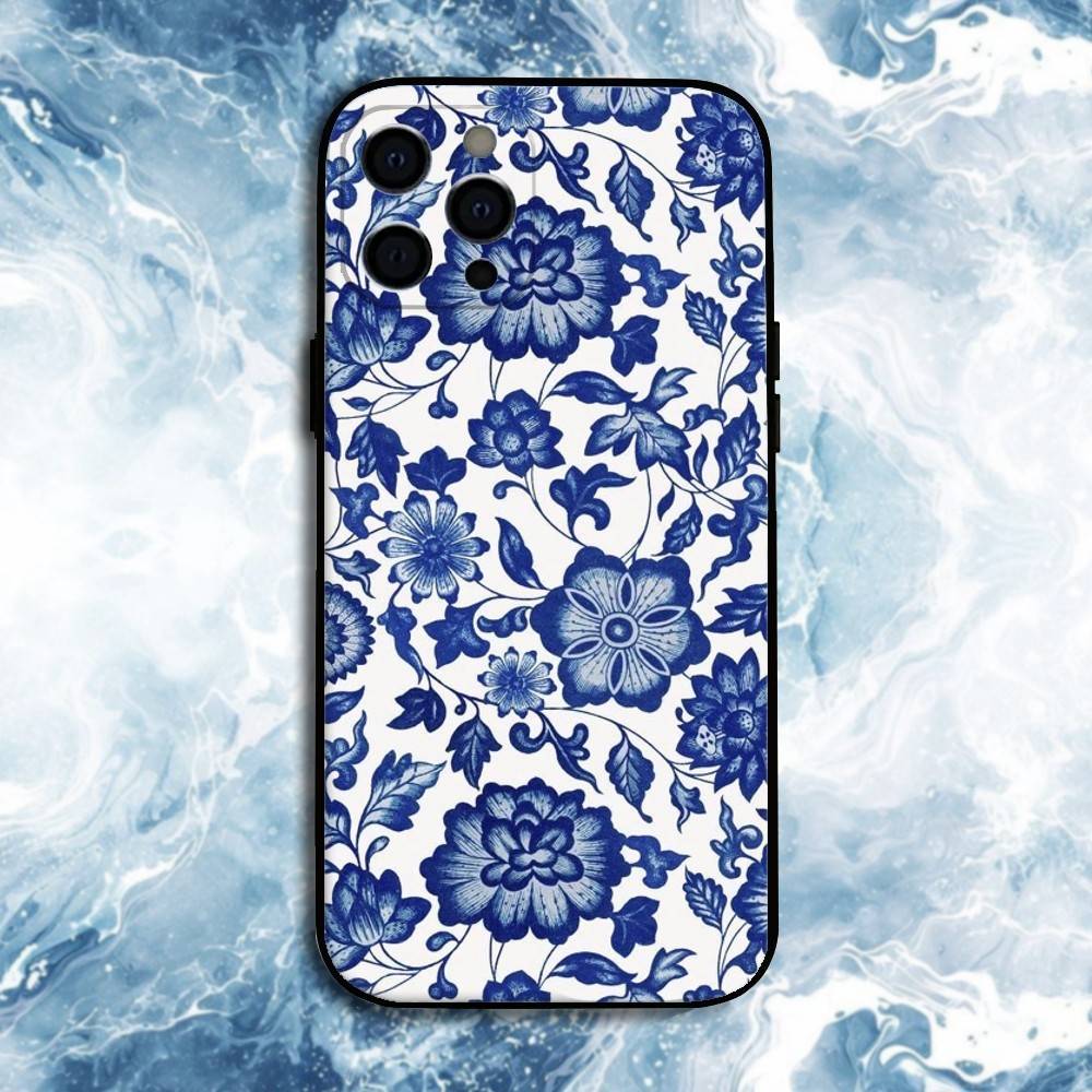 Blue white Porcelain Pattern Phone Case For iPhone17,16,15,14,13,12,11 Plus,Pro Max, Soft Silicone Black Cover