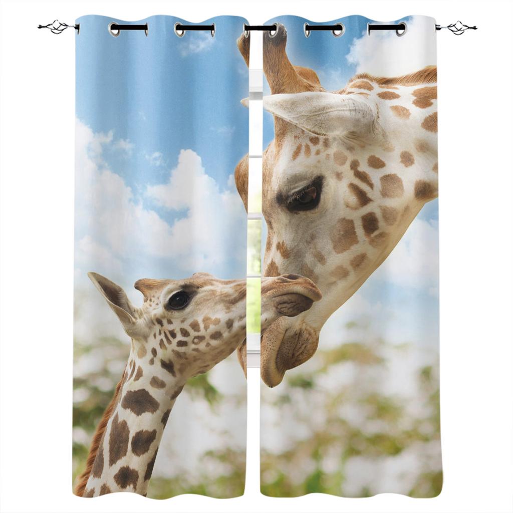 Fun Giraffe Animal White Blackout Curtains For Living Room Bedroom Window Treatment Blinds Drapes Kitchen Curtains