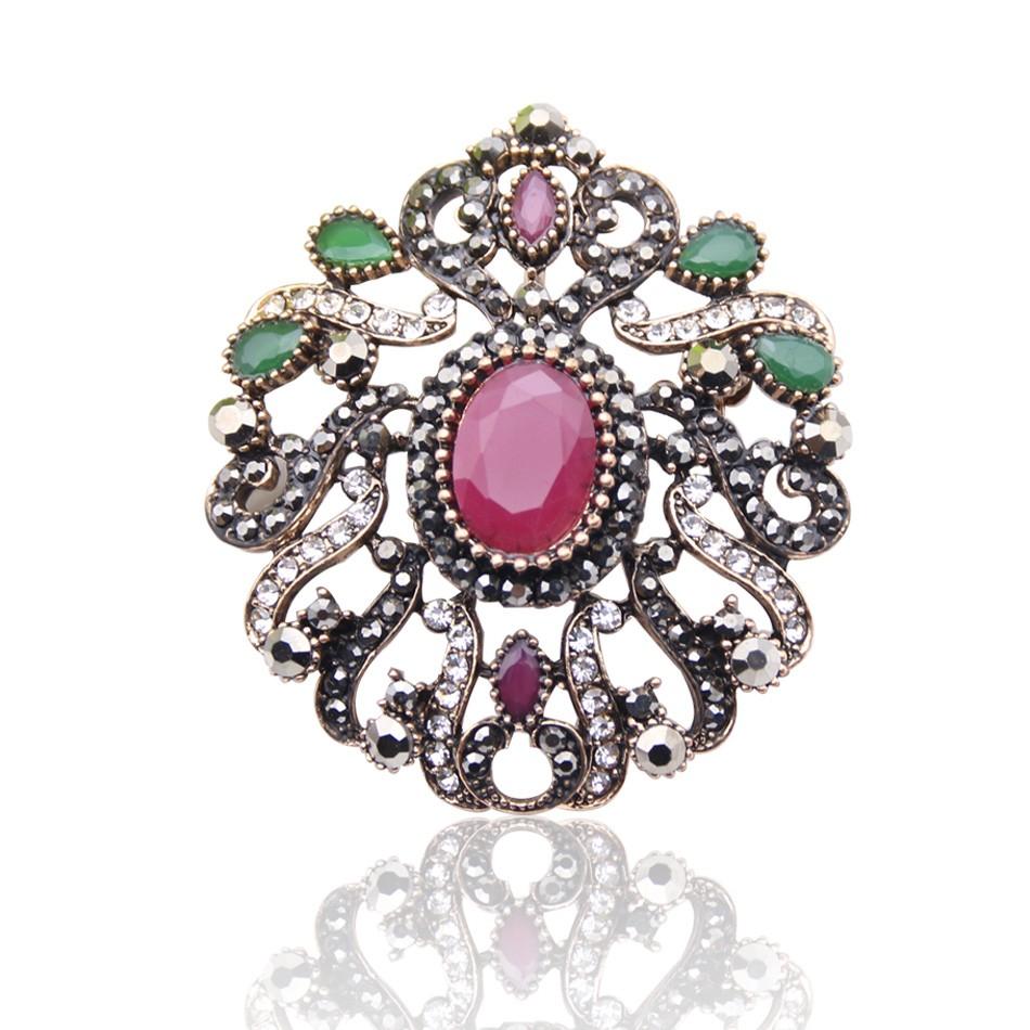 Vintage Damen Brosche Ethnischer Bankettschmuck Antikgoldfarbene polychromatische Harzbrosche Brosche