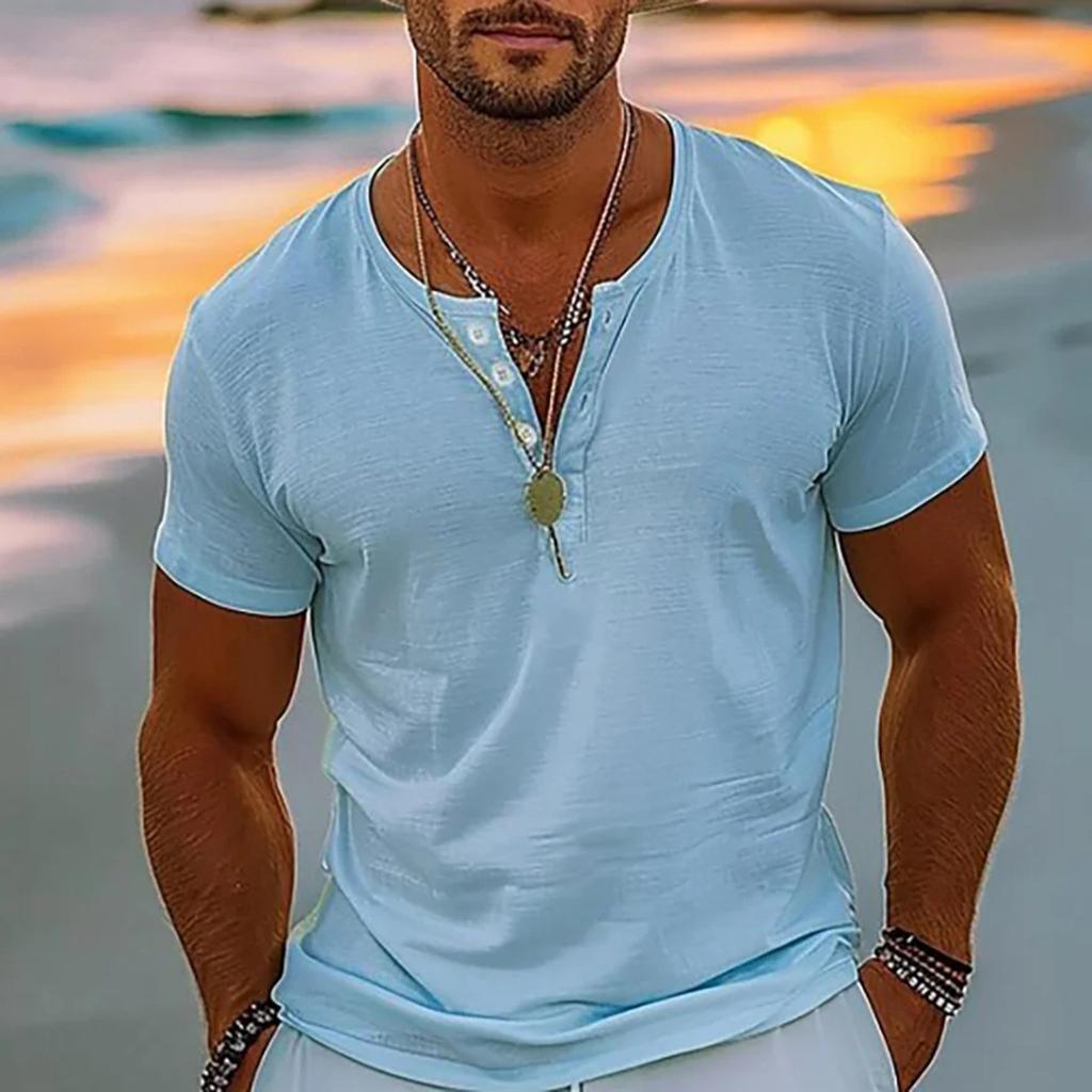 Vintage Summer Men's T-Shirt Streetwear 3 Buttons Open Fly Loose Clothing Print Short Sleeve T-Shirt