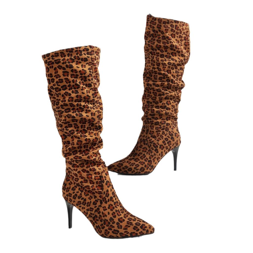 Fine Heel Leopard Print Pleated But Knee Boots Women's Autumn Pointed Large Size Sexy High Heel Fashion Boots