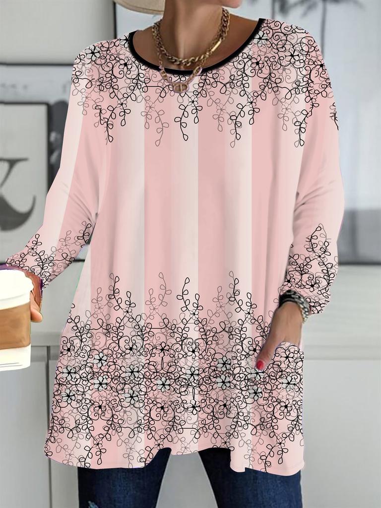 2025 Herbst Winter Neue Übergröße Damen Tops, Blumen 3D Druck Mode Rundhals Langarm T-Shirts