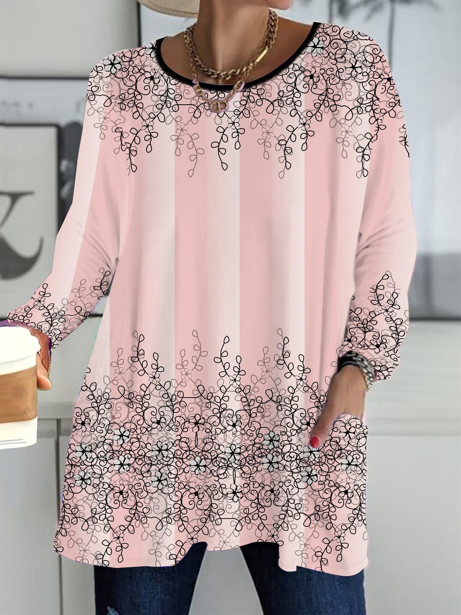 

Осень-Зима 2025 Новые Женские Топы Большого Размера, Модные Футболки с 3D-принтом цветов, с Круглым Вырезом и Длинным Рукавом 6XL розовый