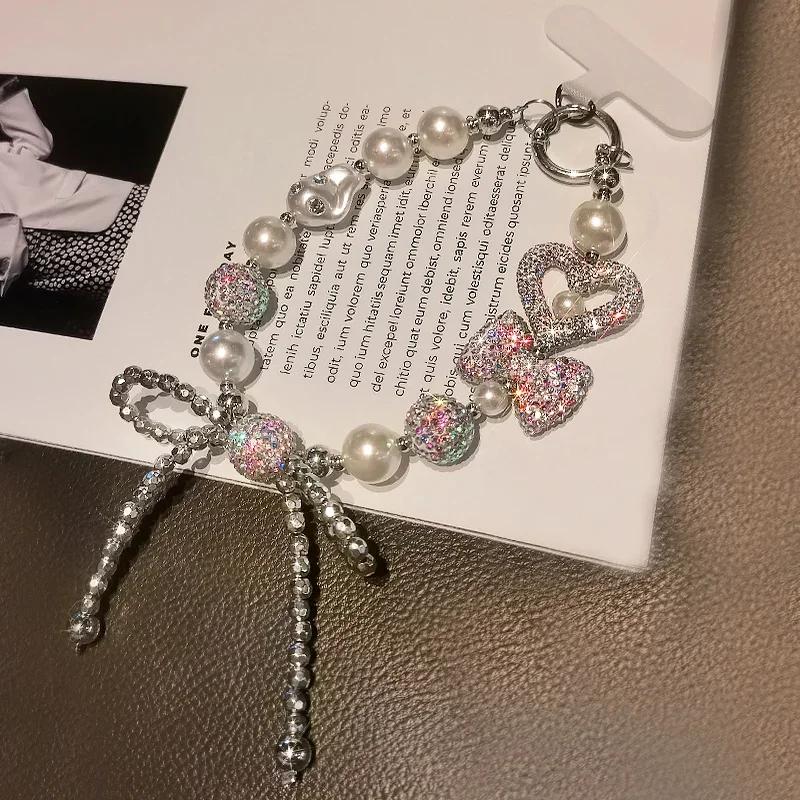 Full Diamond Love Butterfly Knot Bracelet Mobile Phone Lanyard Handmade Beaded Chain Sparkling Diamond Transparent Wrist Strap
