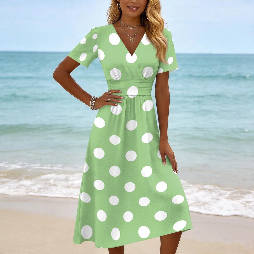 Women Casual Polka Dot Print V Neck Short Sleeve Midi Dress Loose Fit Summer Fashion Lightweight Dress for Daily Wear
