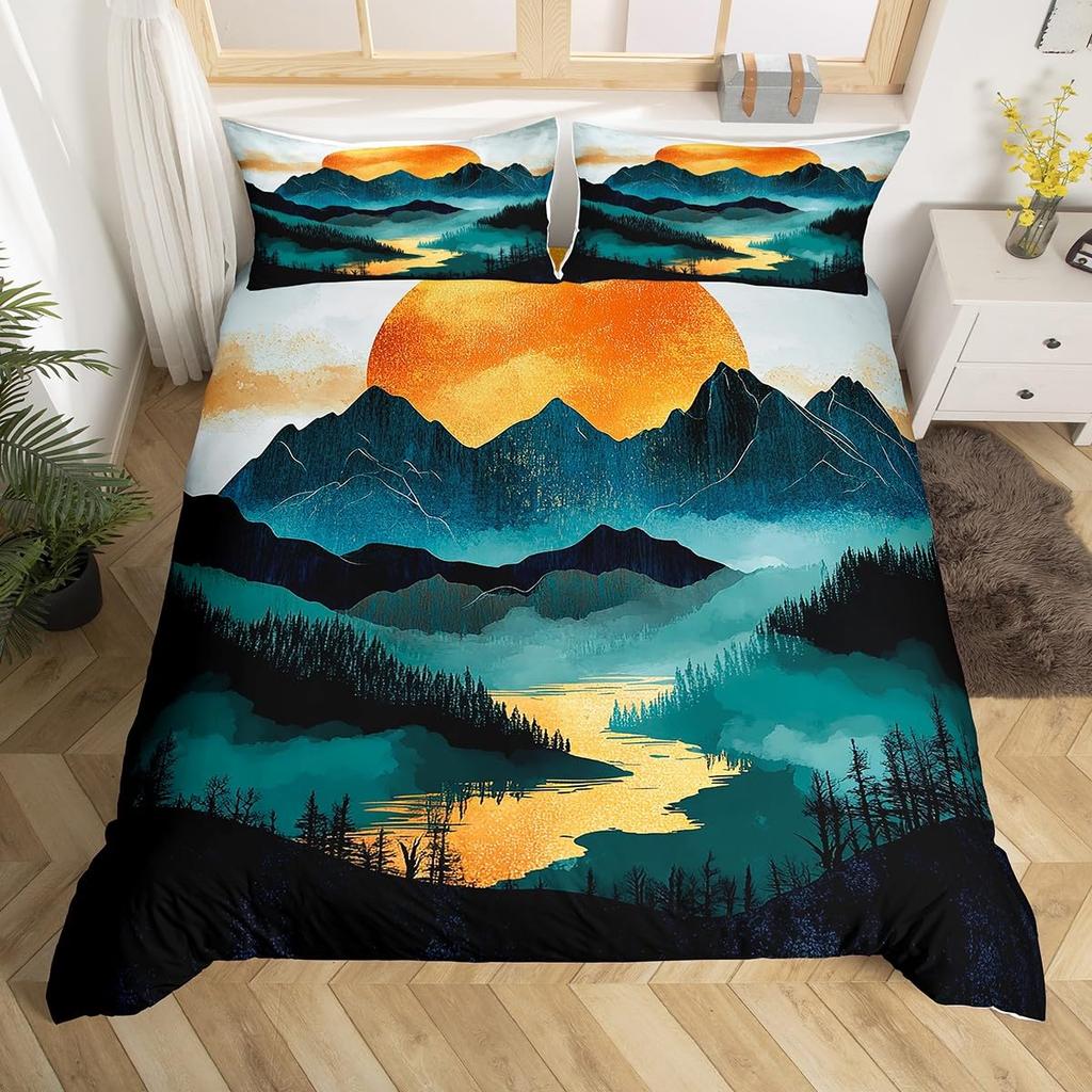Mountain River Soft Duvet Cover Set Quen Sized Dimensions,Retro Adventure Theme Warm Comforter Cover Nature Scenery Beding Set Young Boys Young Girls