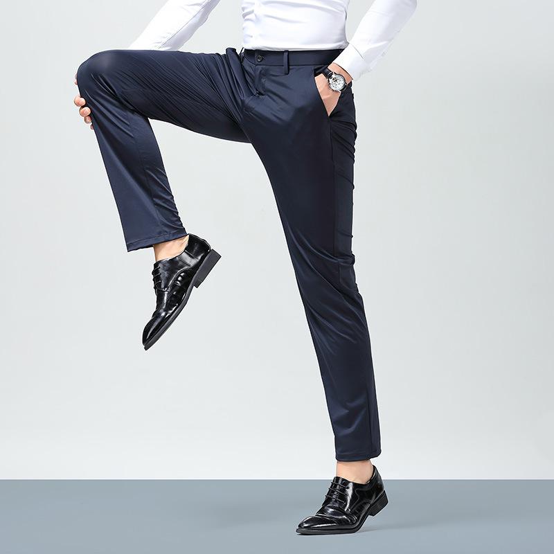 Men's Summer Casual Ice Silk Pants - Lightweight, Straight-Leg, High Elasticity Suit Trousers for Young and Middle-Aged