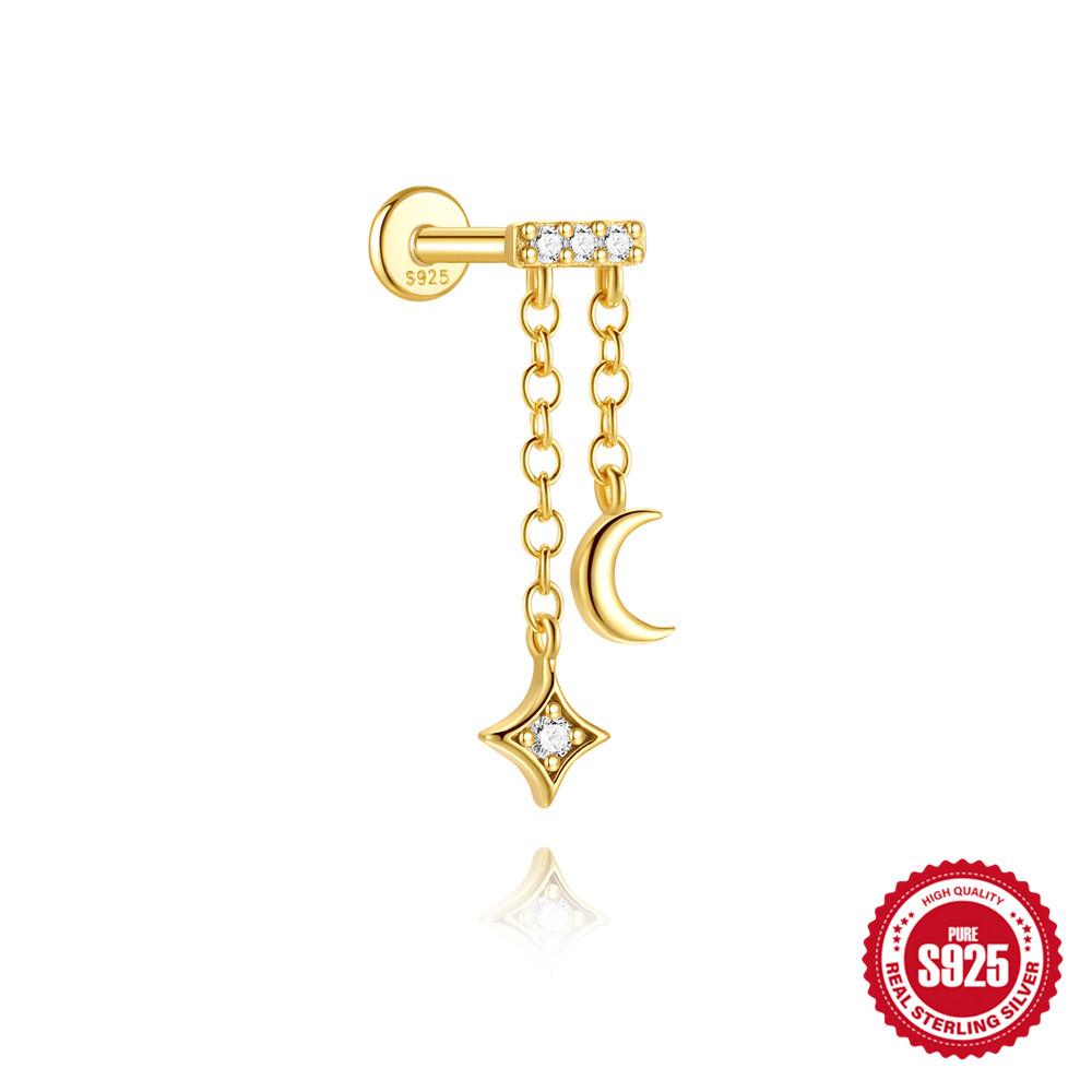 CANNER 1PC 925 Silver Eight-pointed Star CZ Piercing Earring For Women Tassel Chain Stud Earring Party Fine Jewelry