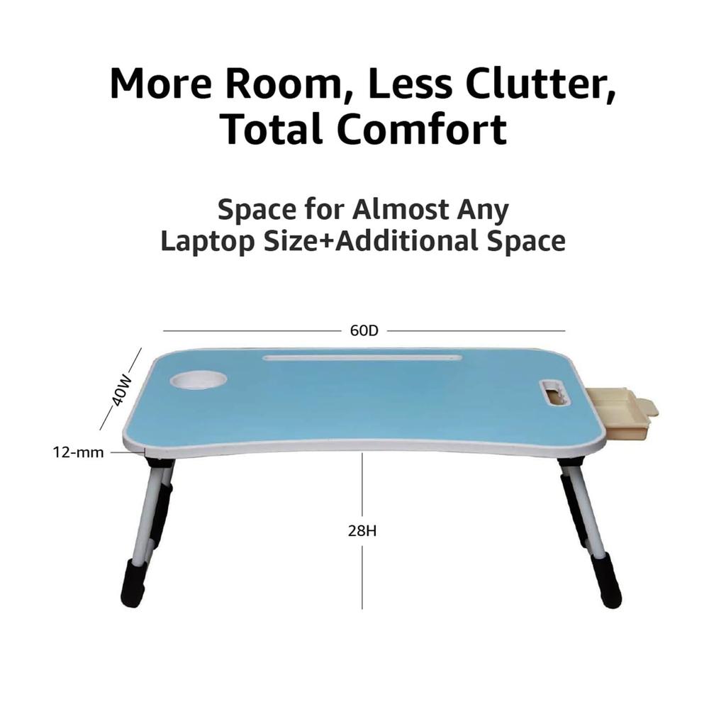 Engineered Wood Foldable Laptop Table with Cup Holder, Tablet Groove and Mini Drawer (60L X 40W X 26H Cm, Blue)