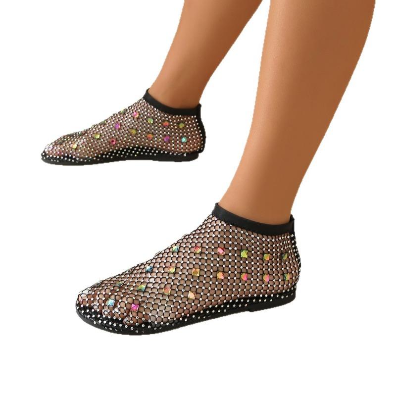 Women’s Rhinestone Hollow Slip-On Sandals Elastic Strap Round-Toe Flat Shoes