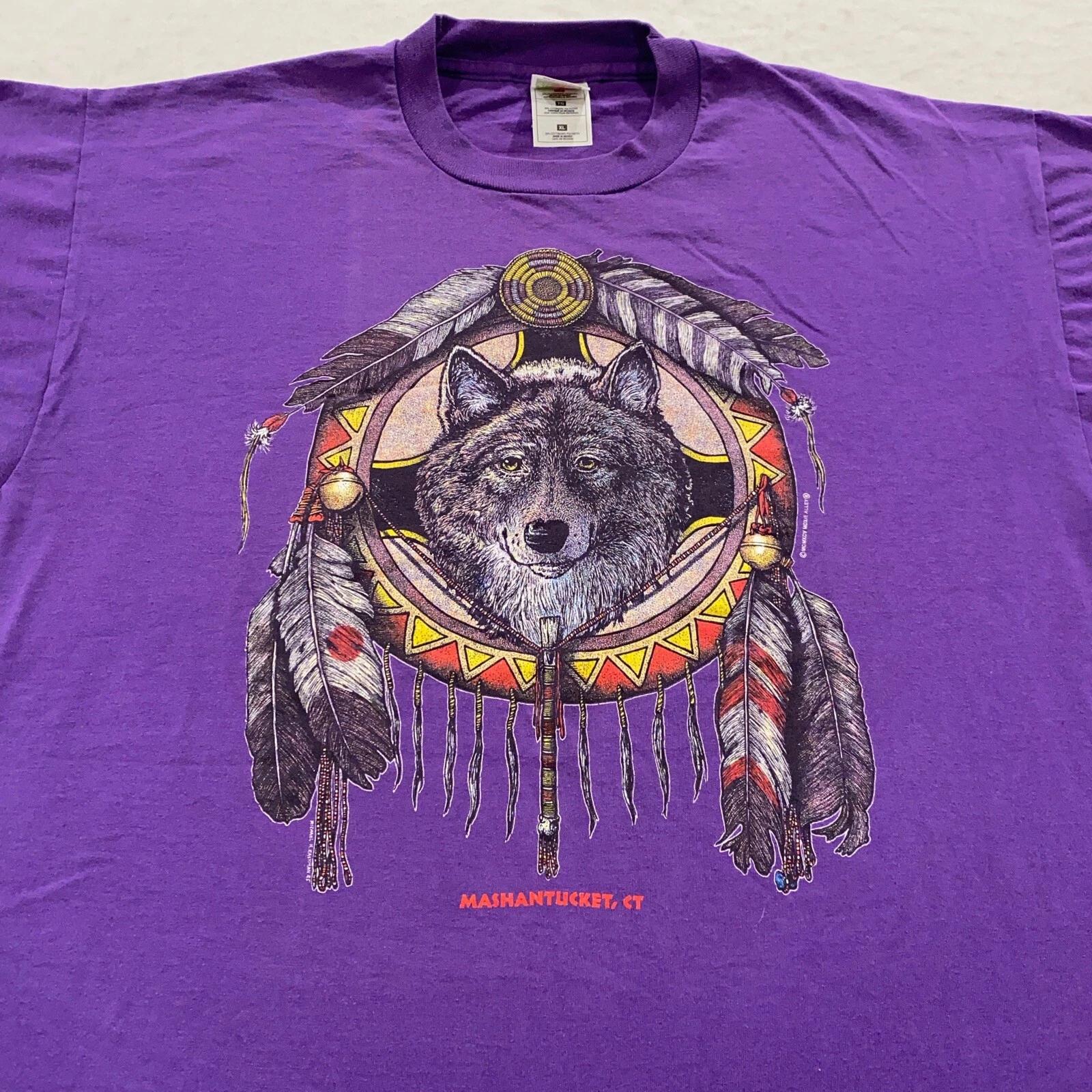 vtg 90s MASHANTUCKET CONNECTICUT NATIVE AMERICAN WOLF T-Shirt XL dream catcher M