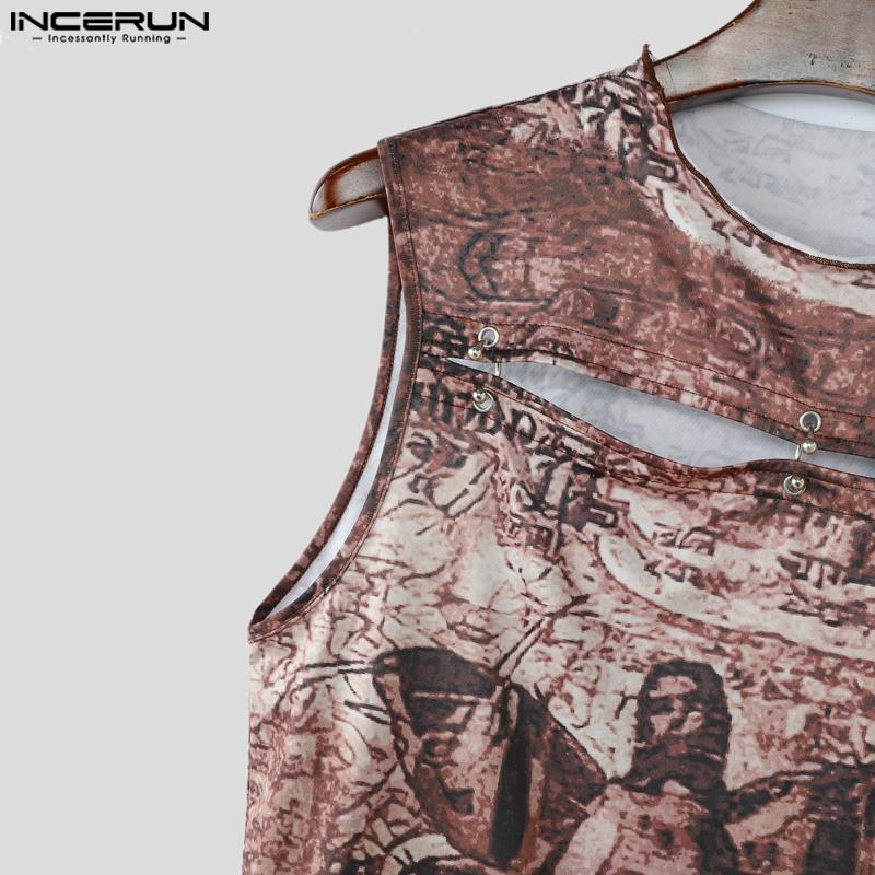 INCERUN Men Round Neck Sleeveless Print Casual Fitted Cropped Tank Tops