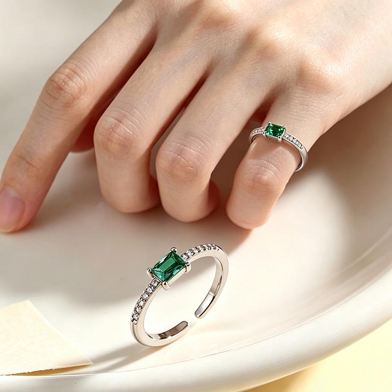 Adjustable Green Zircon Square Pinky Ring with Paved Rhinestones - Light Luxury for Women