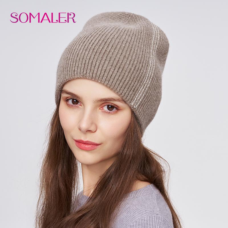 

SOMALER Женская зимняя шерстяная шапка Высококачественная шерстяная вязаная шапка-бини со стразами Толстая теплая двухслойная уличная шапка-бини One Size коричневый