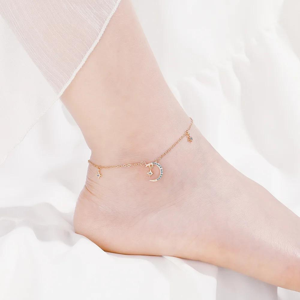 Ins Simple Design  Sterling Silver Star Moon Anklets Bracelet for Women  Star Tassel CZ Zircon Chian Fashion