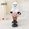 Spooky Pumpkin Basket Figurine Halloween Ghost Riding Bicycle Resin Figurine, Desk Shelf Decor for Creative Party Ornament Home Entryway, Hand-Painted
