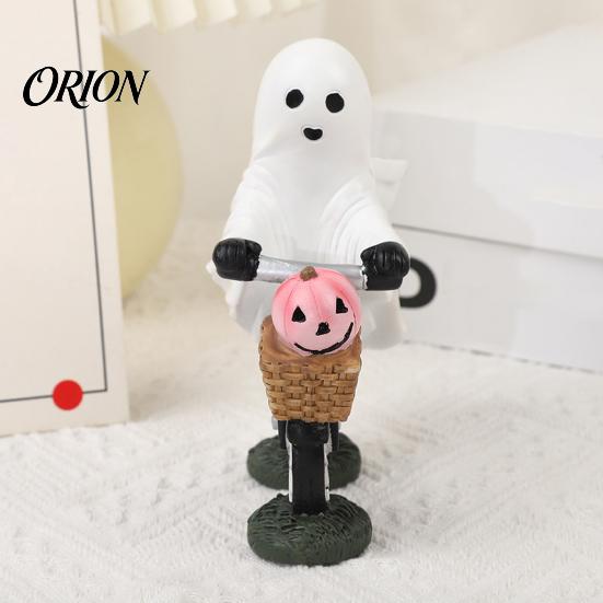 Spooky Pumpkin Basket Figurine Halloween Ghost Riding Bicycle Resin Figurine, Desk Shelf Decor for Creative Party Ornament Home Entryway, Hand-Painted